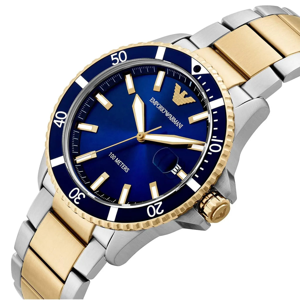 Emporio Armani World Explorer AR11682 42mm Men's Quartz Watch – Navy Blue Sunray & Two-Tone Stainless Steel Bracelet