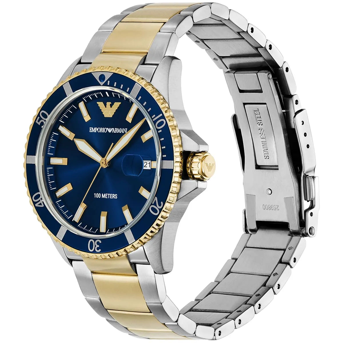 Emporio Armani World Explorer AR11682 42mm Men's Quartz Watch – Navy Blue Sunray & Two-Tone Stainless Steel Bracelet