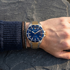 Emporio Armani World Explorer AR11682 42mm Men's Quartz Watch – Navy Blue Sunray & Two-Tone Stainless Steel Bracelet