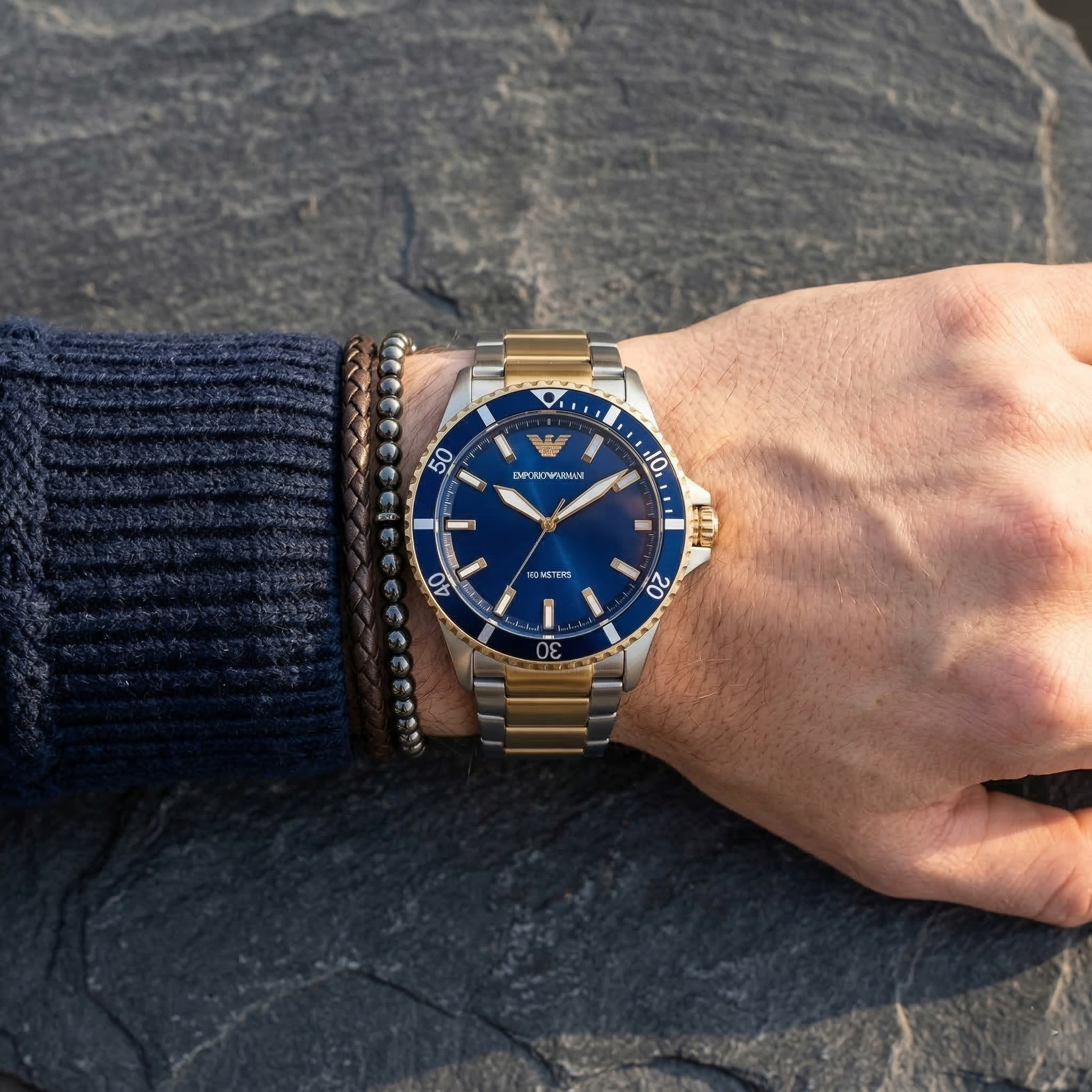 Emporio Armani World Explorer AR11682 42mm Men's Quartz Watch – Navy Blue Sunray & Two-Tone Stainless Steel Bracelet