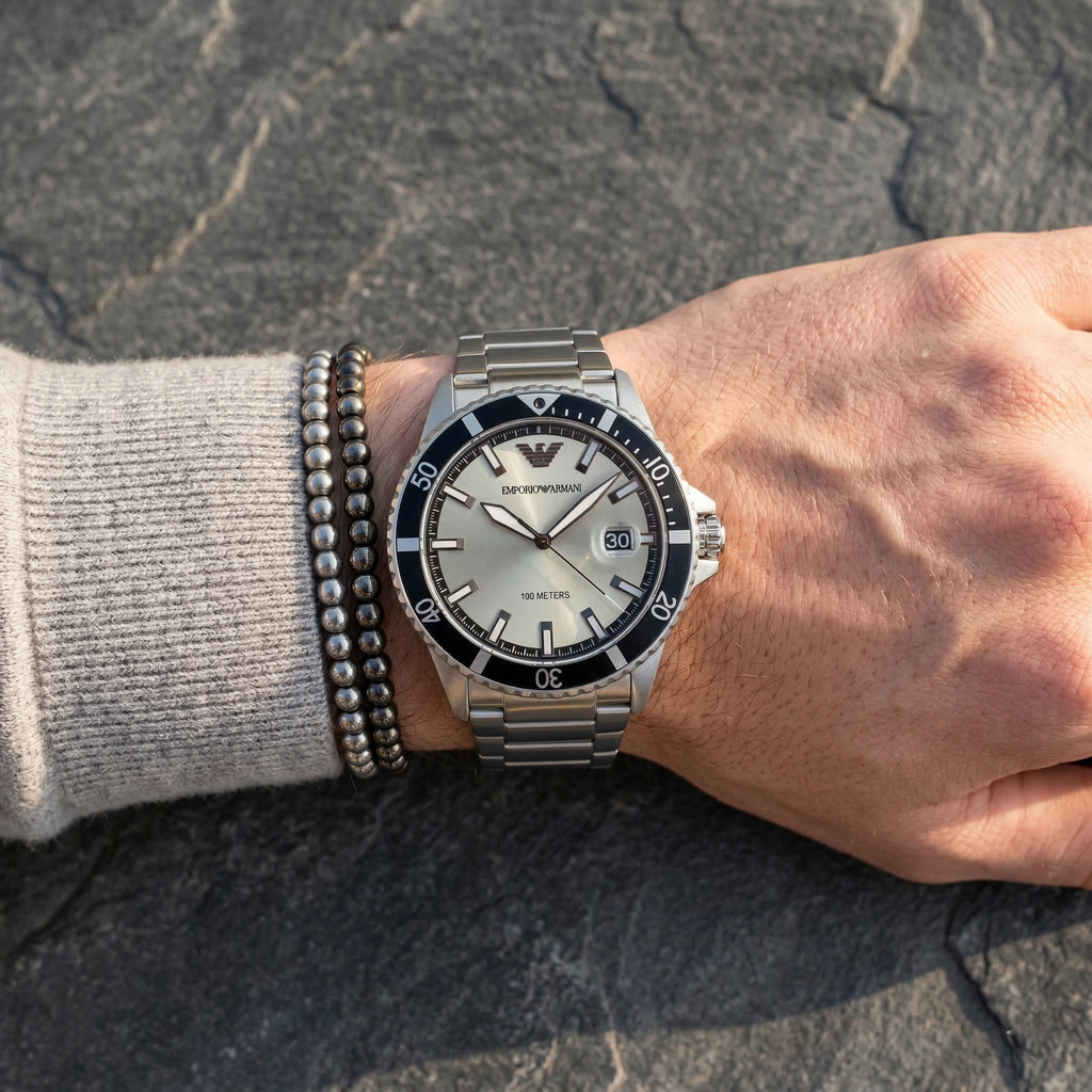 Emporio Armani World Explorer AR11683 42mm Men's Quartz Watch – Silver Sunray & Silver Stainless Steel Bracelet
