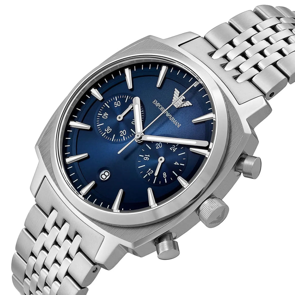 Emporio Armani Carlo AR11688 44mm Men's Chronograph Watch – Navy Blue Sunray & Silver Stainless Steel Bracelet