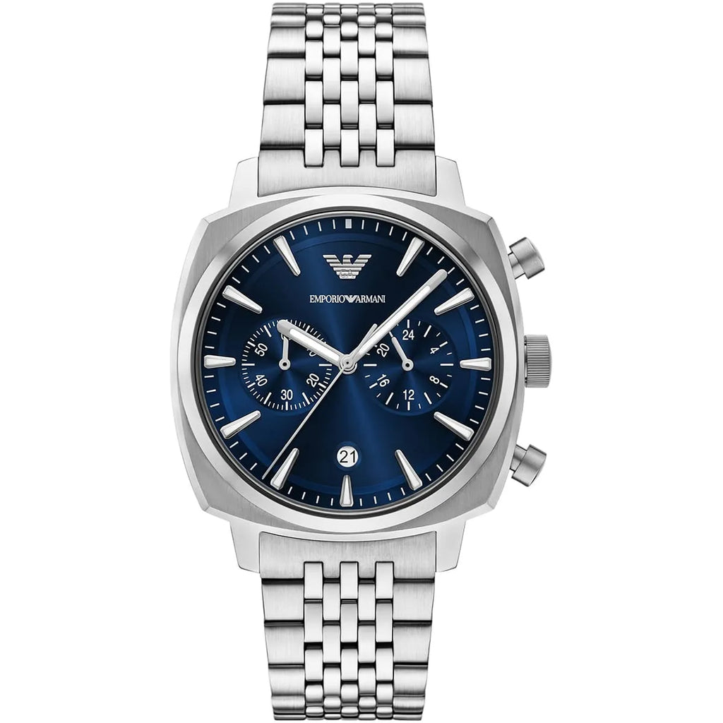 Emporio Armani Carlo AR11688 44mm Men's Chronograph Watch – Navy Blue Sunray & Silver Stainless Steel Bracelet