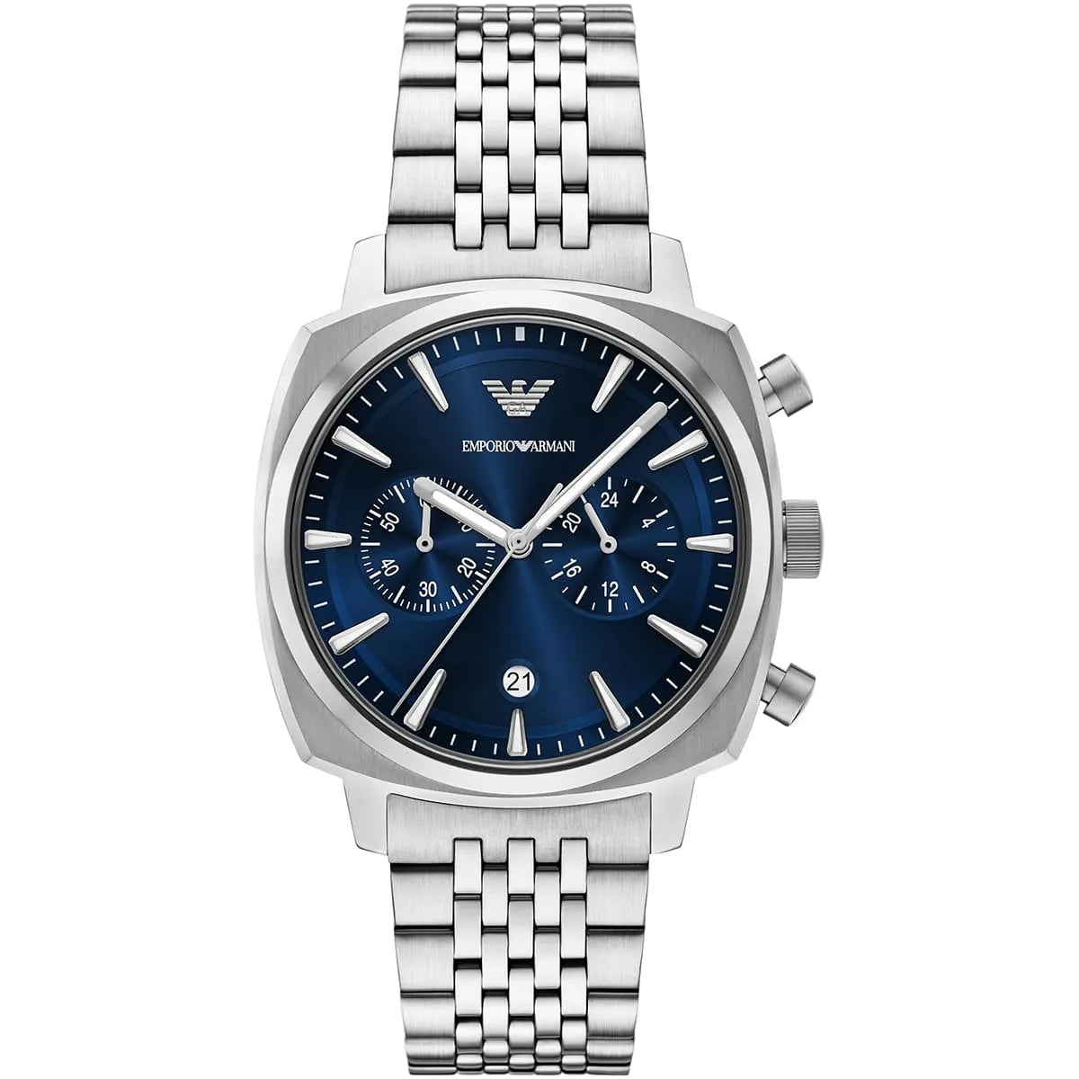 Emporio Armani Carlo AR11688 44mm Men's Chronograph Watch – Navy Blue Sunray & Silver Stainless Steel Bracelet