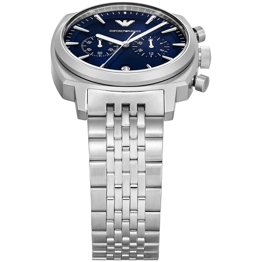 Emporio Armani Carlo AR11688 44mm Men's Chronograph Watch – Navy Blue Sunray & Silver Stainless Steel Bracelet