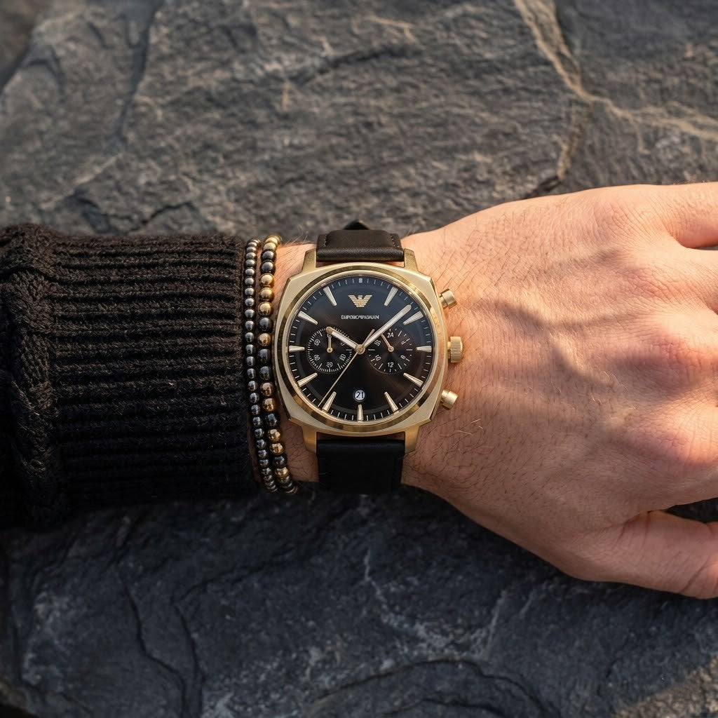 Emporio Armani Carlo AR11690 44mm Men's Chronograph Watch – Black Sunray & Black Genuine Leather Strap