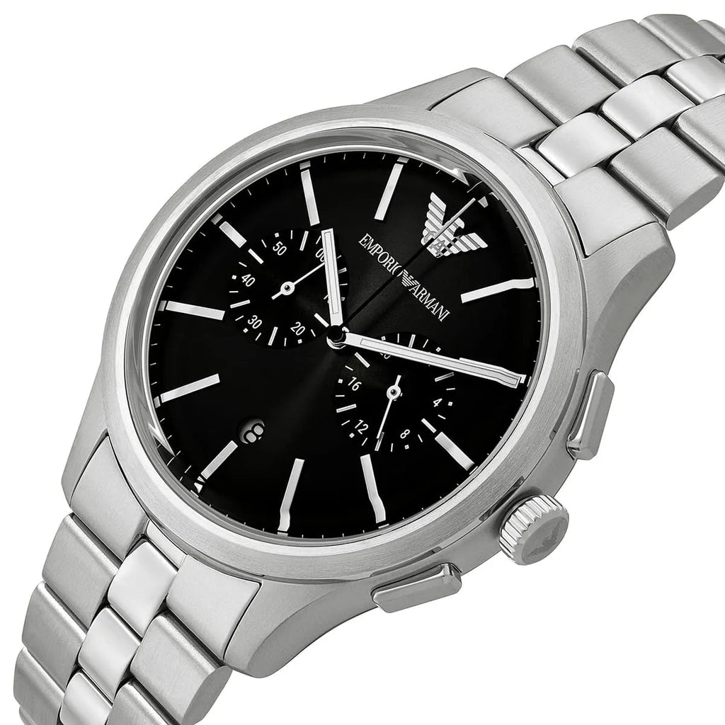 Emporio Armani Dario AR11691 43mm Men's Chronograph Watch – Black Sunray & Silver Stainless Steel Bracelet