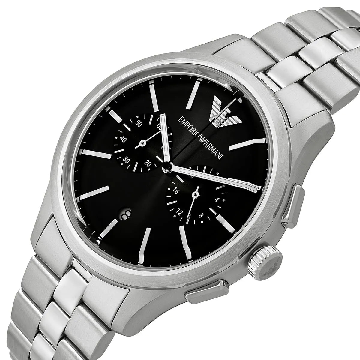 Emporio Armani Dario AR11691 43mm Men's Chronograph Watch – Black Sunray & Silver Stainless Steel Bracelet