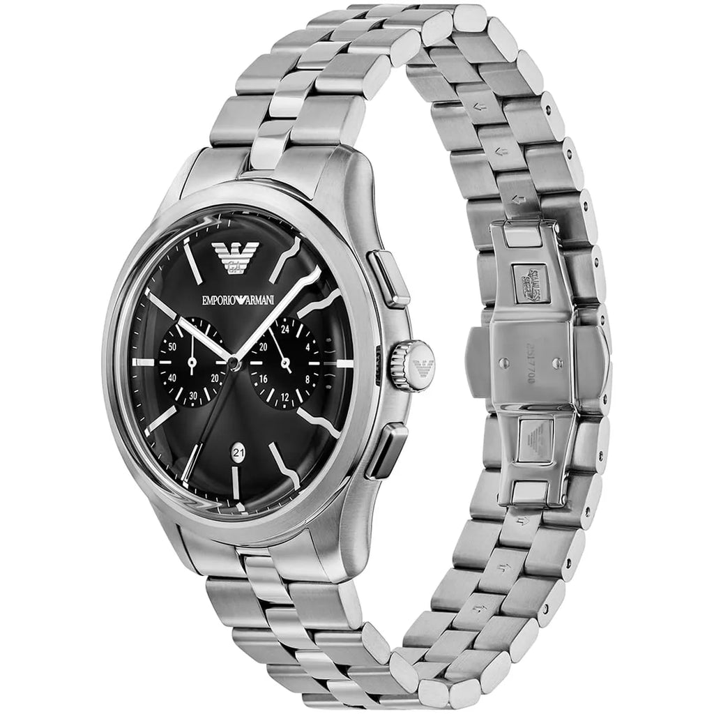 Emporio Armani Dario AR11691 43mm Men's Chronograph Watch – Black Sunray & Silver Stainless Steel Bracelet