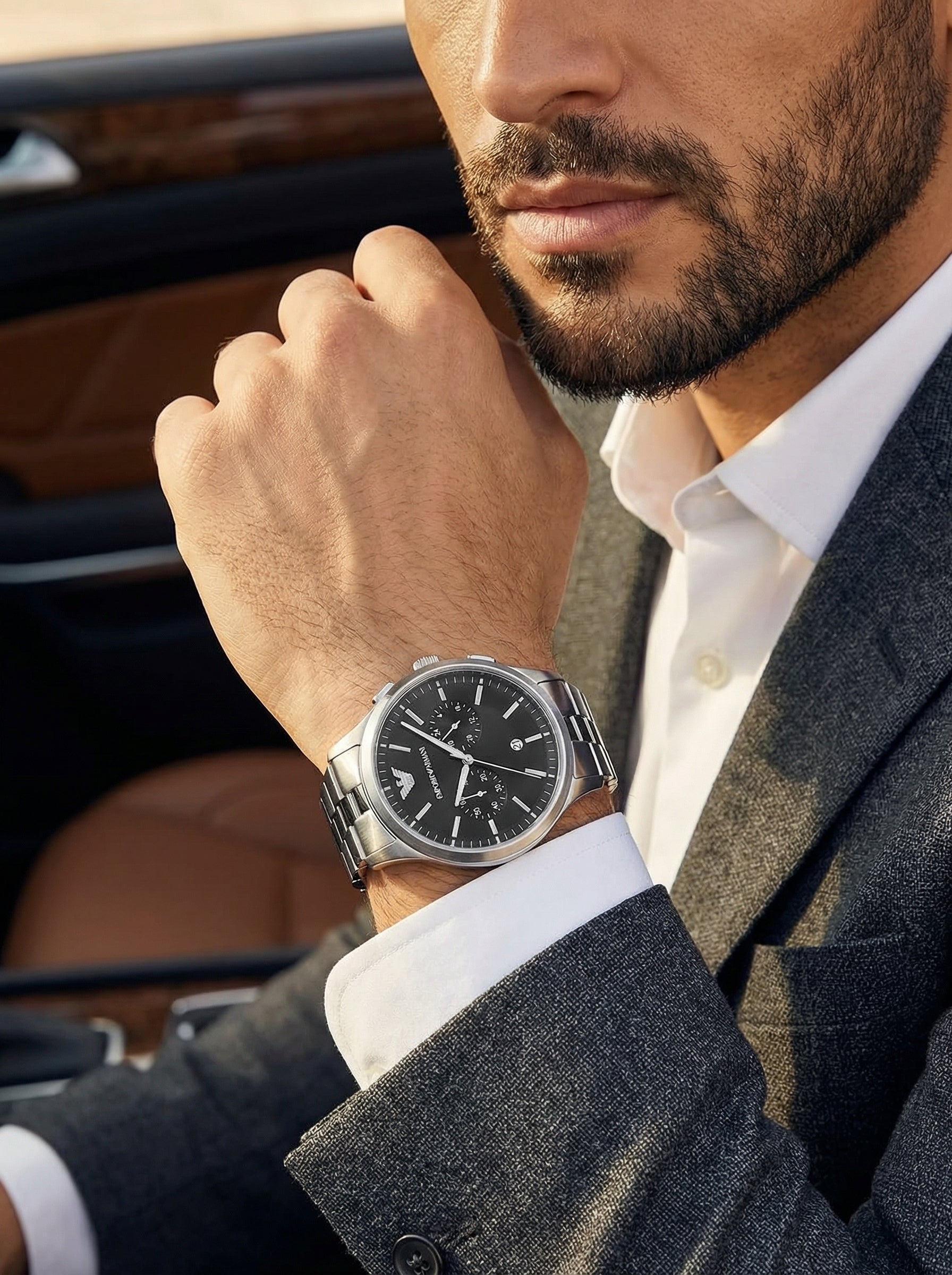 Emporio Armani Dario AR11691 43mm Men's Chronograph Watch – Black Sunray & Silver Stainless Steel Bracelet