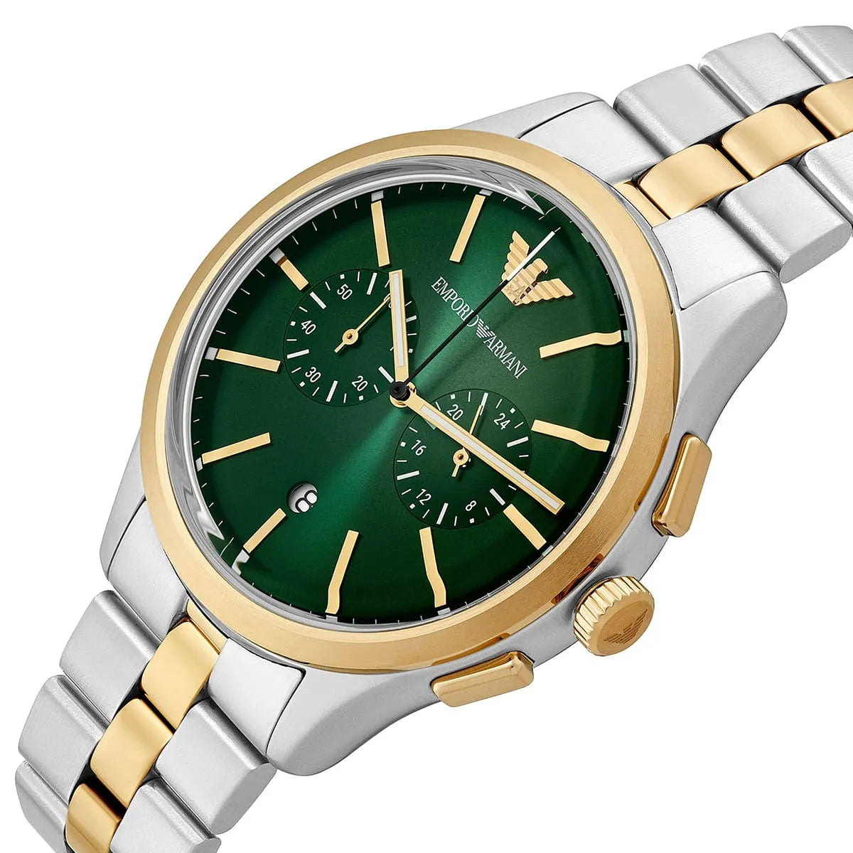 Emporio Armani Dario AR11692 43mm Men's Chronograph Watch – Green Sunray & Silver Stainless Steel Bracelet