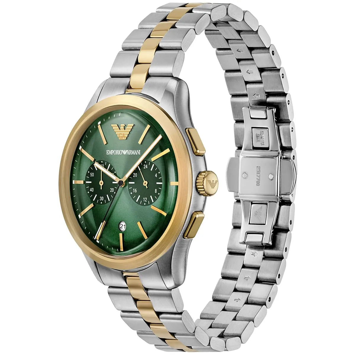 Emporio Armani Dario AR11692 43mm Men's Chronograph Watch – Green Sunray & Silver Stainless Steel Bracelet