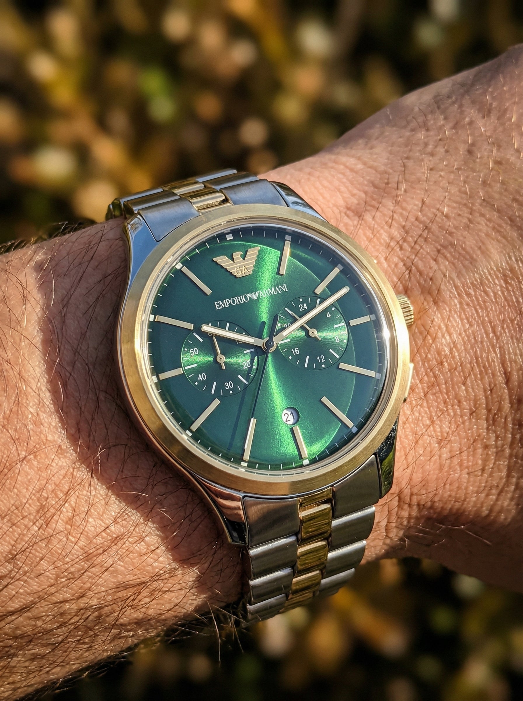 Emporio Armani Dario AR11692 43mm Men's Chronograph Watch – Green Sunray & Silver Stainless Steel Bracelet