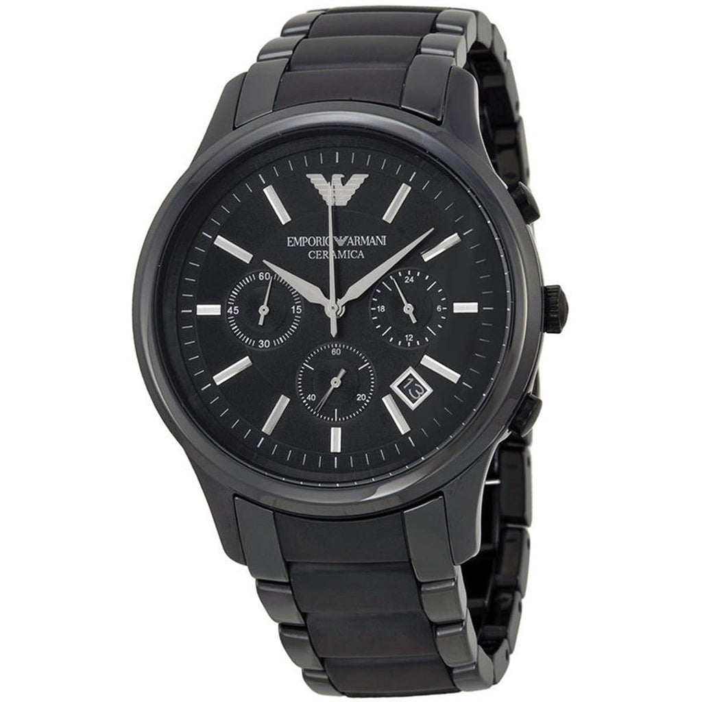 Emporio Armani Ceramica AR1452 43mm Men's Chronograph Watch – Black & Silver-Tone Stainless Steel Bracelet