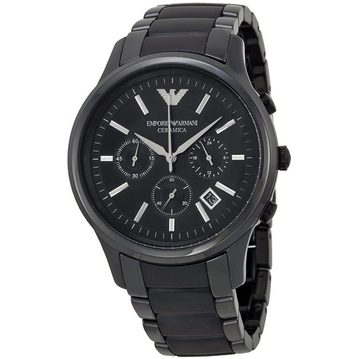 Emporio Armani Ceramica AR1452 43mm Men's Chronograph Watch – Black & Silver-Tone Stainless Steel Bracelet