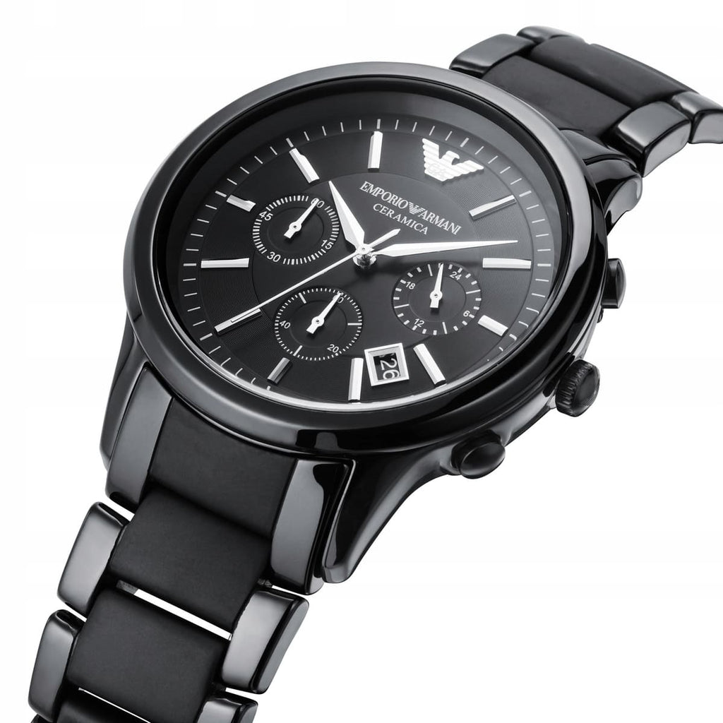 Emporio Armani Ceramica AR1452 43mm Men's Chronograph Watch – Black & Silver-Tone Stainless Steel Bracelet