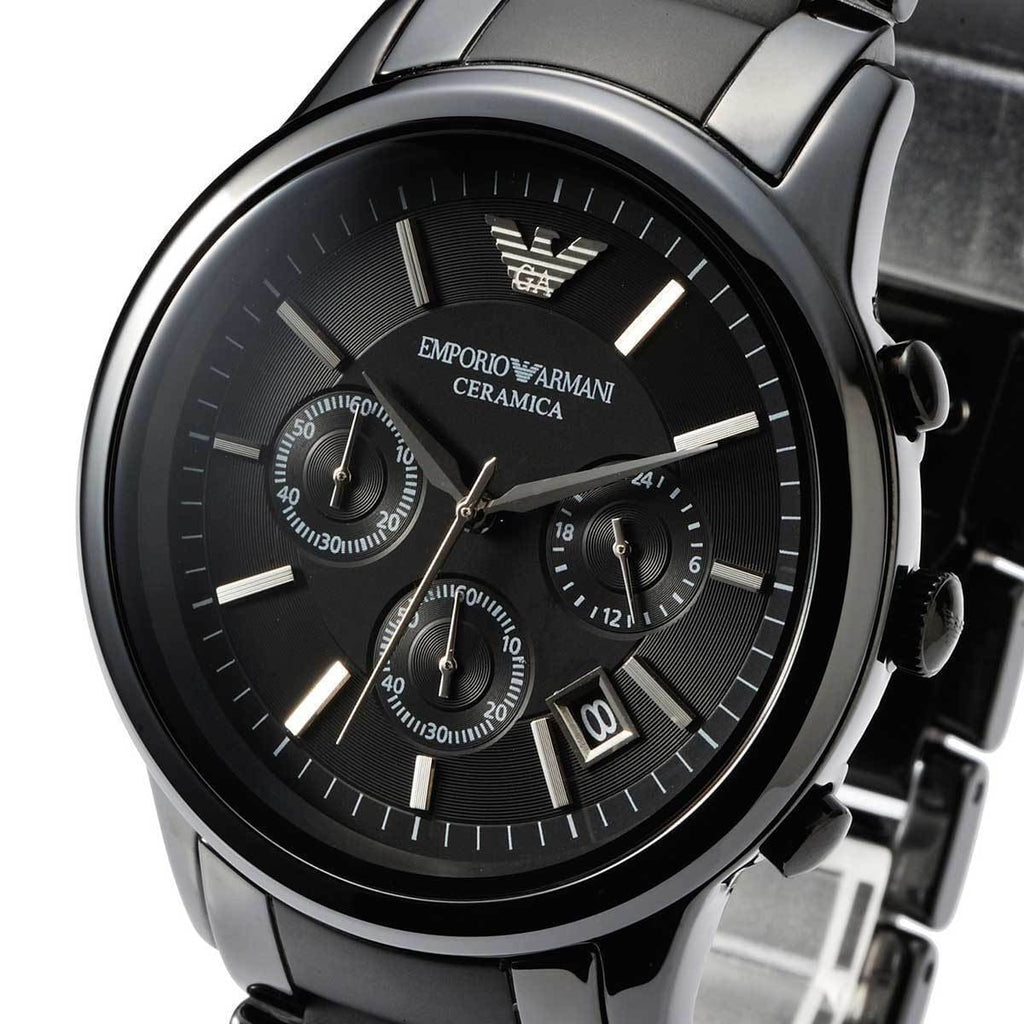 Emporio Armani Ceramica AR1452 43mm Men's Chronograph Watch – Black & Silver-Tone Stainless Steel Bracelet