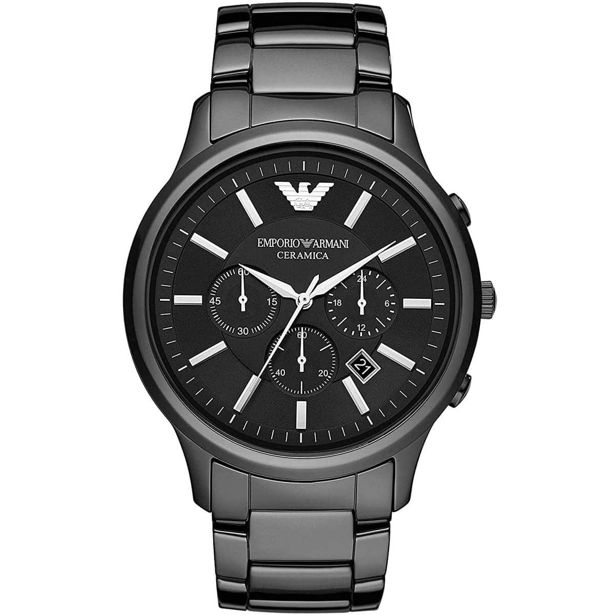 Emporio Armani Ceramica AR1452 43mm Men's Chronograph Watch – Black & Silver-Tone Stainless Steel Bracelet