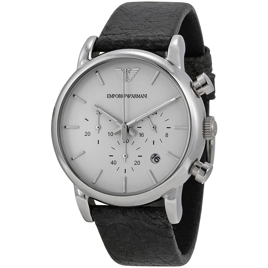 Emporio Armani Luigi AR1810 41mm Men's Chronograph Watch – White Textured & Black Genuine Leather Strap