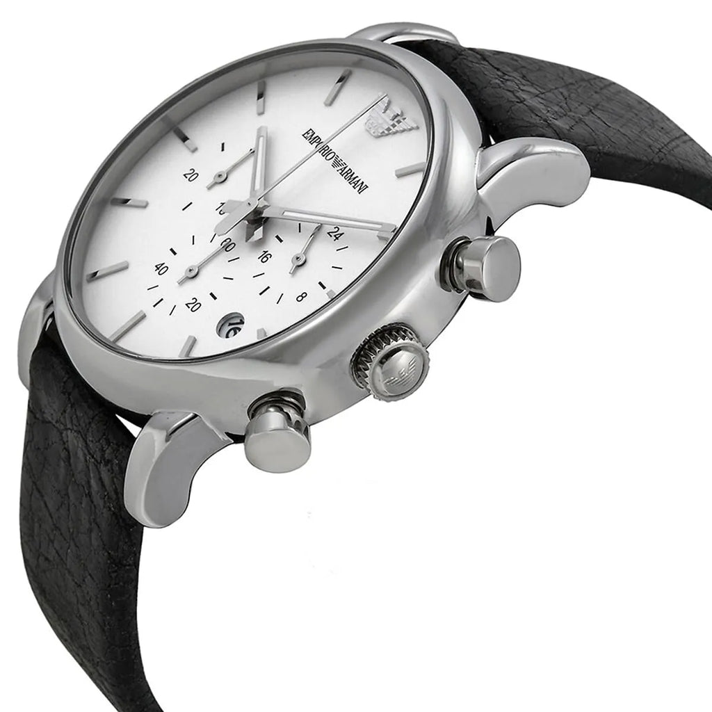 Emporio Armani Luigi AR1810 41mm Men's Chronograph Watch – White Textured & Black Genuine Leather Strap