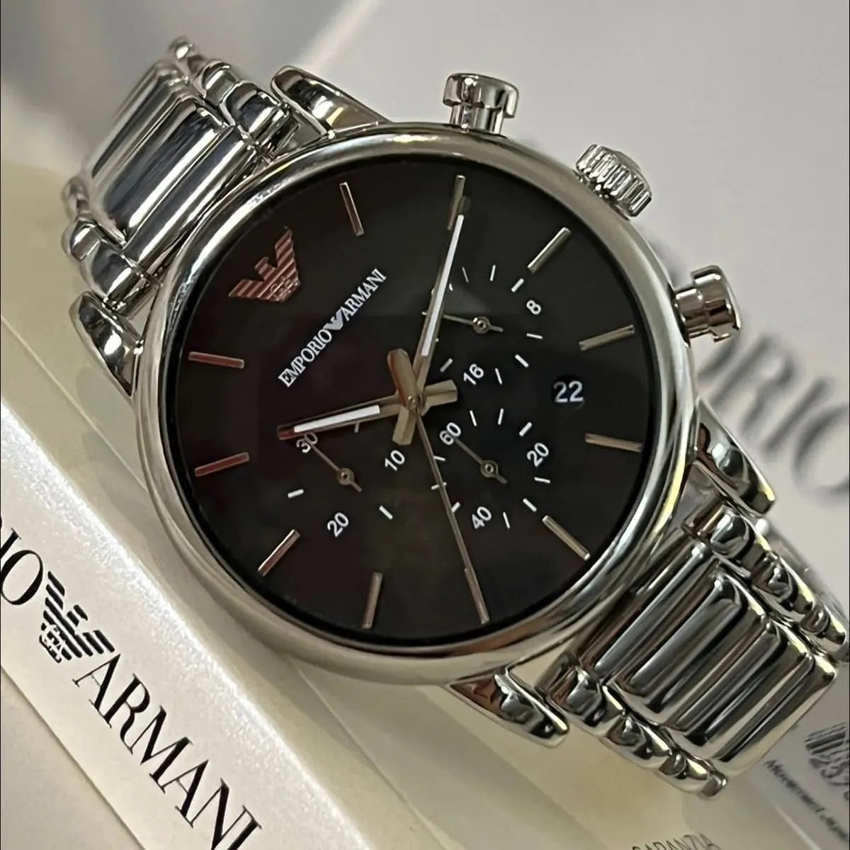 Emporio Armani Luigi AR1853 41mm Men's Chronograph Watch – Black & Silver-Tone Stainless Steel Bracelet