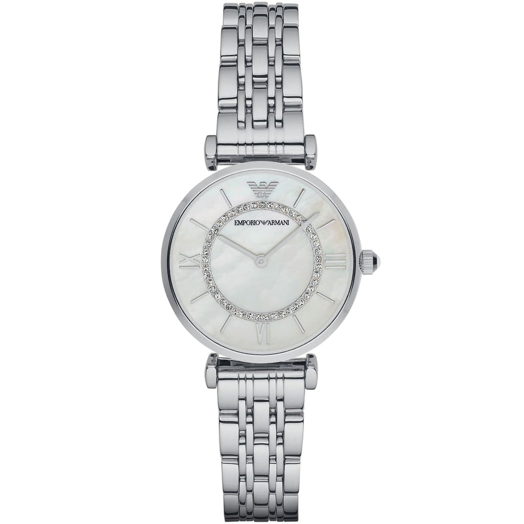 Emporio Armani Gianni T-Bar AR1908 32mm Women's Quartz Watch – White & Silver-Tone Stainless Steel Bracelet