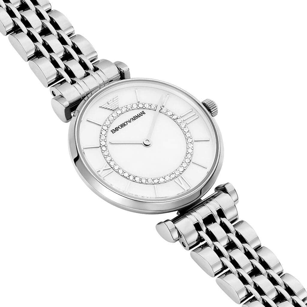 Emporio Armani Gianni T-Bar AR1908 32mm Women's Quartz Watch – White & Silver-Tone Stainless Steel Bracelet