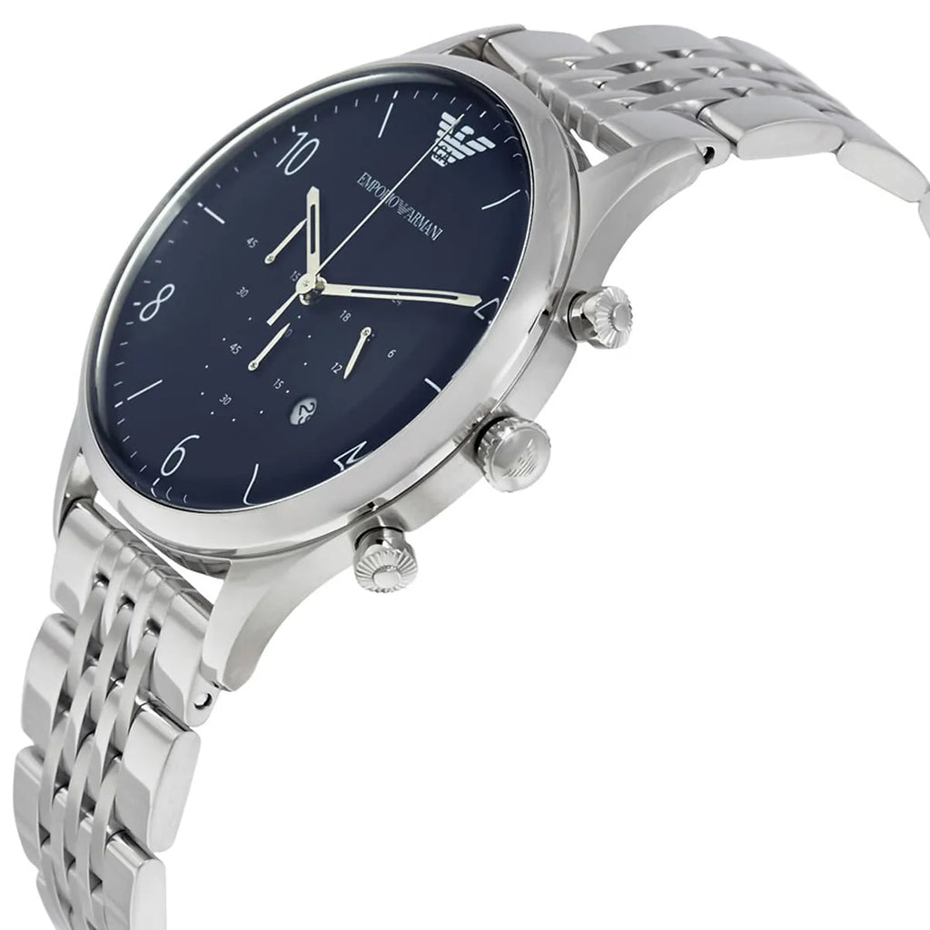 Emporio Armani Beta AR1942 43mm Men's Chronograph Watch – Navy Blue Sunray & Silver-Tone Stainless Steel Bracelet