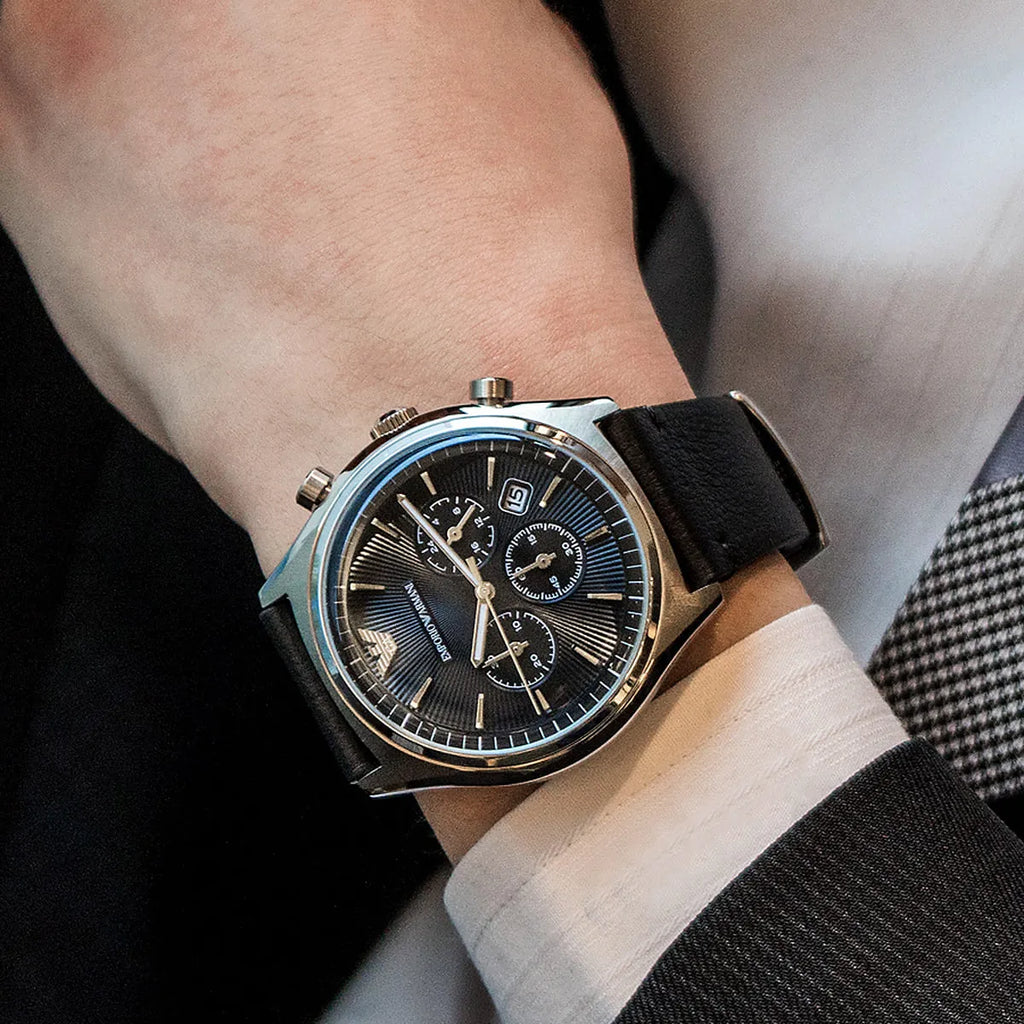 Emporio Armani Signature AR1975 43mm Men's Chronograph Watch – Brown Sunray & Brown Genuine Leather Strap