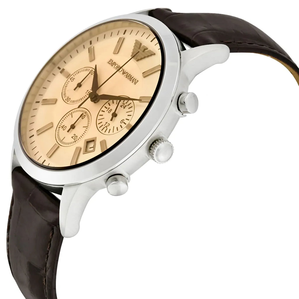 Emporio Armani Renato AR2433 43mm Men's Chronograph Watch – Champagne & Brown Genuine Leather Strap