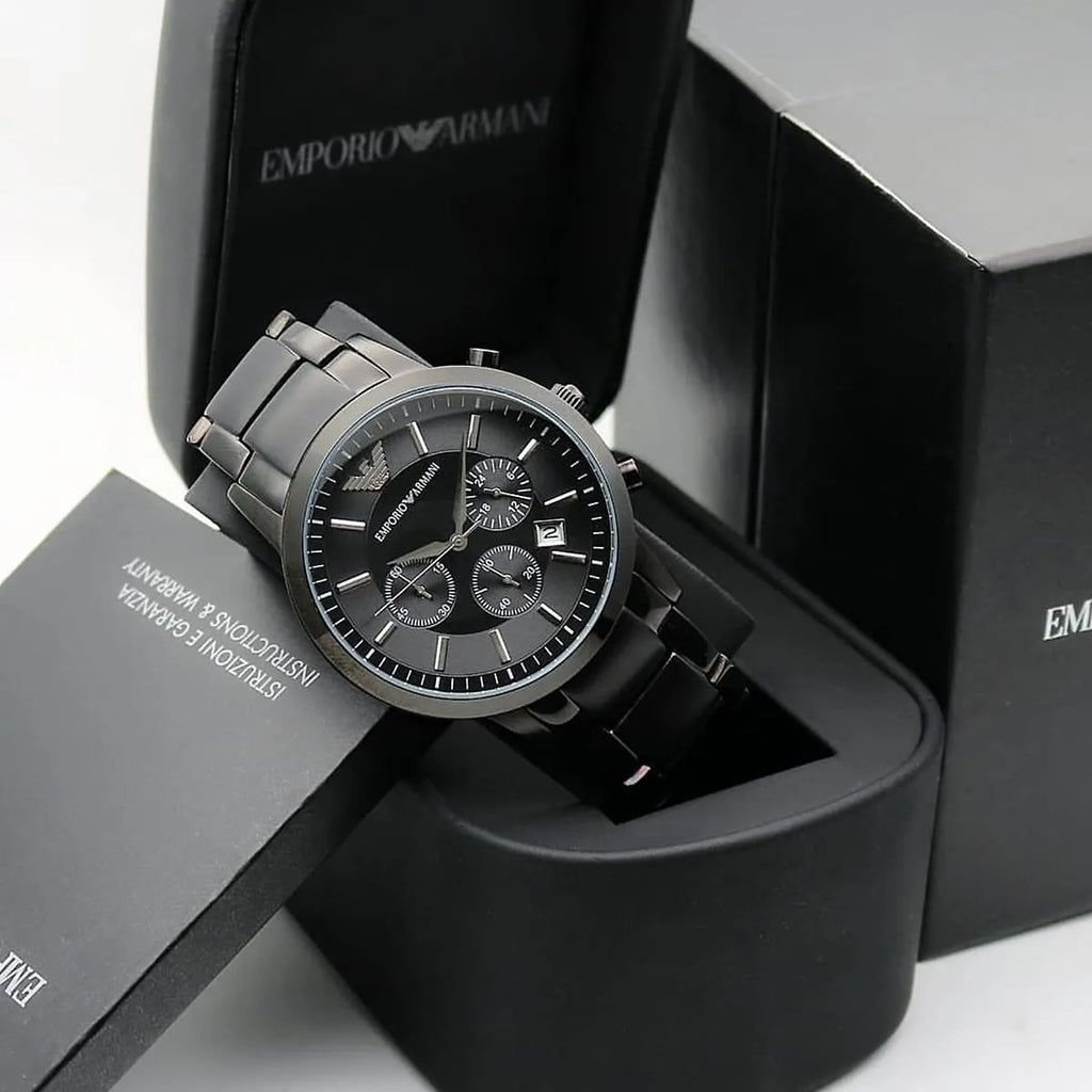 Emporio Armani Renato AR2454 43mm Men's Chronograph Watch – Black Sunray & Black Stainless Steel Bracelet