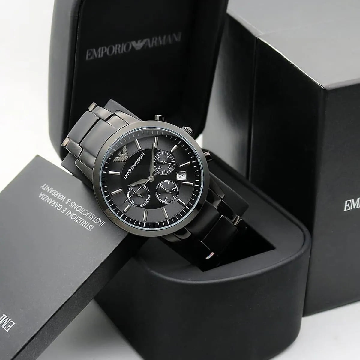 Emporio Armani Renato AR2454 43mm Men's Chronograph Watch – Black Sunray & Black Stainless Steel Bracelet