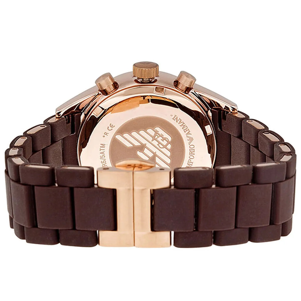 Emporio Armani Tazio AR5890 43mm Men's Chronograph Watch – Chocolate Brown & Rose Gold Silicone Strap