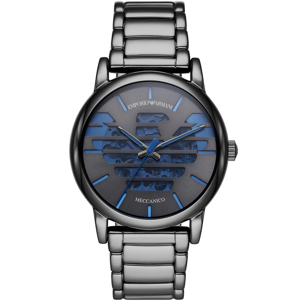 Emporio Armani Luigi AR60029 43mm Men's Automatic Watch – Gunmetal Skeleton & Gunmetal Stainless Steel Bracelet