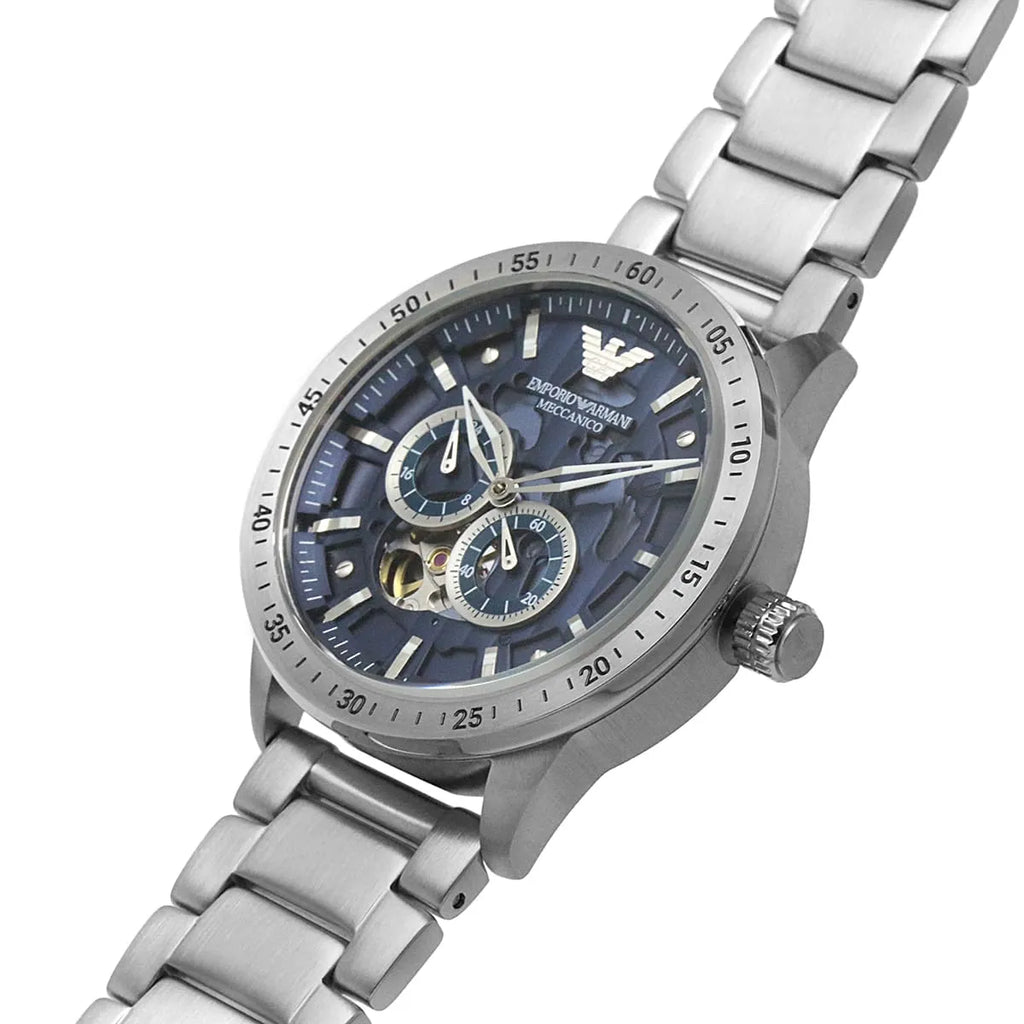Emporio Armani Mario AR60052 43mm Men's Automatic Watch – Blue Skeleton & Silver Stainless Steel Bracelet
