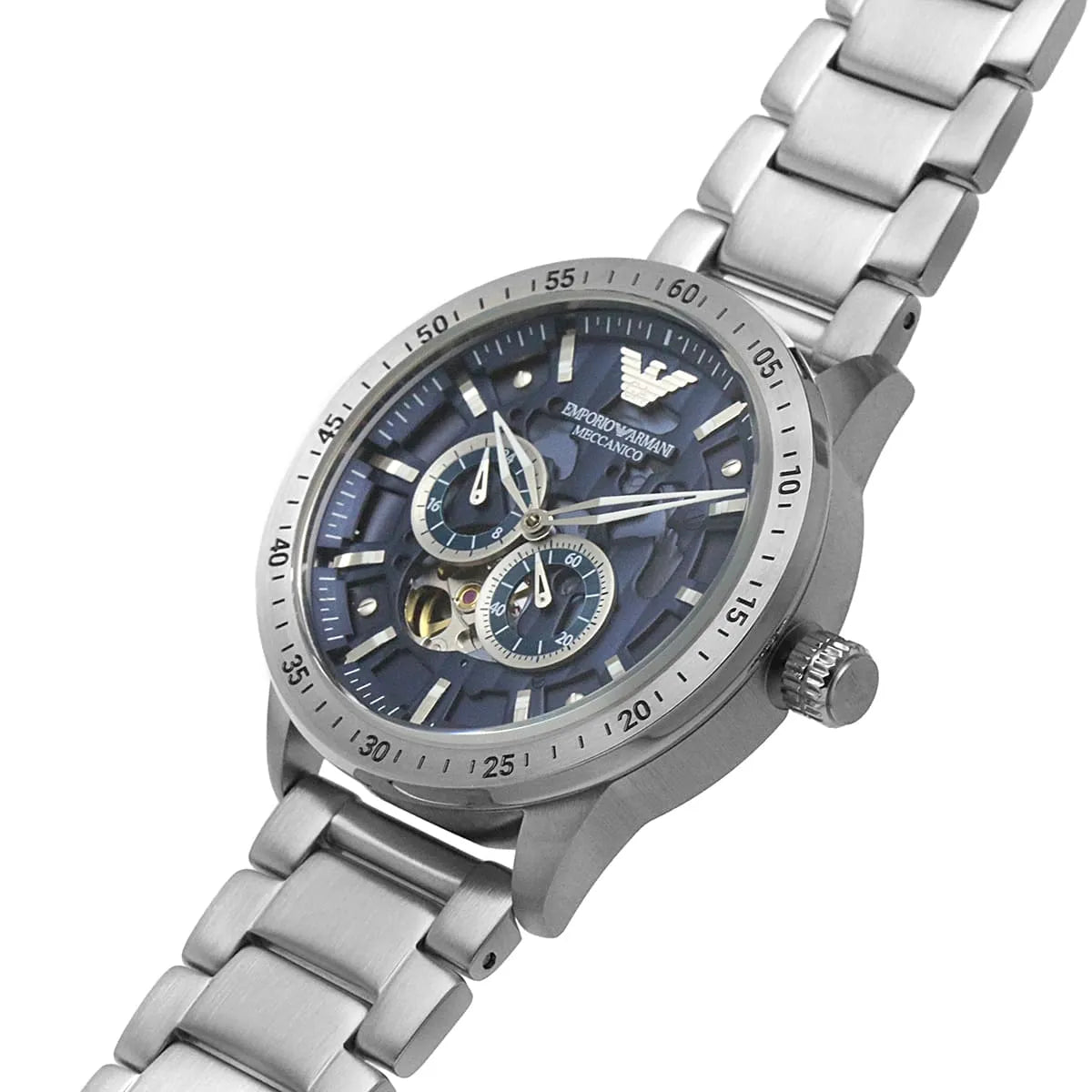 Emporio Armani Mario AR60052 43mm Men's Automatic Watch – Blue Skeleton & Silver Stainless Steel Bracelet