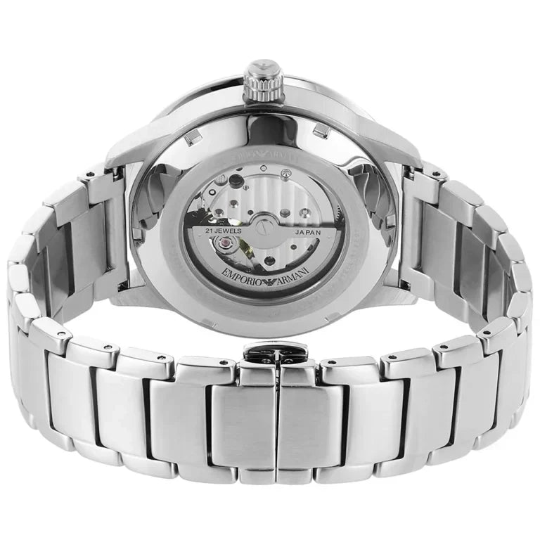 Emporio Armani Mario AR60053 43mm Men's Automatic Watch – Green Skeleton & Silver Stainless Steel Bracelet