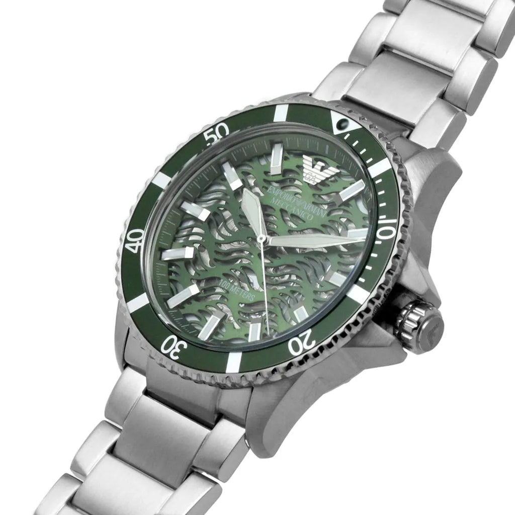 Emporio Armani Meccanico AR60061 Men's Automatic Watch – Green Skeleton & Silver-Tone Stainless Steel Bracelet