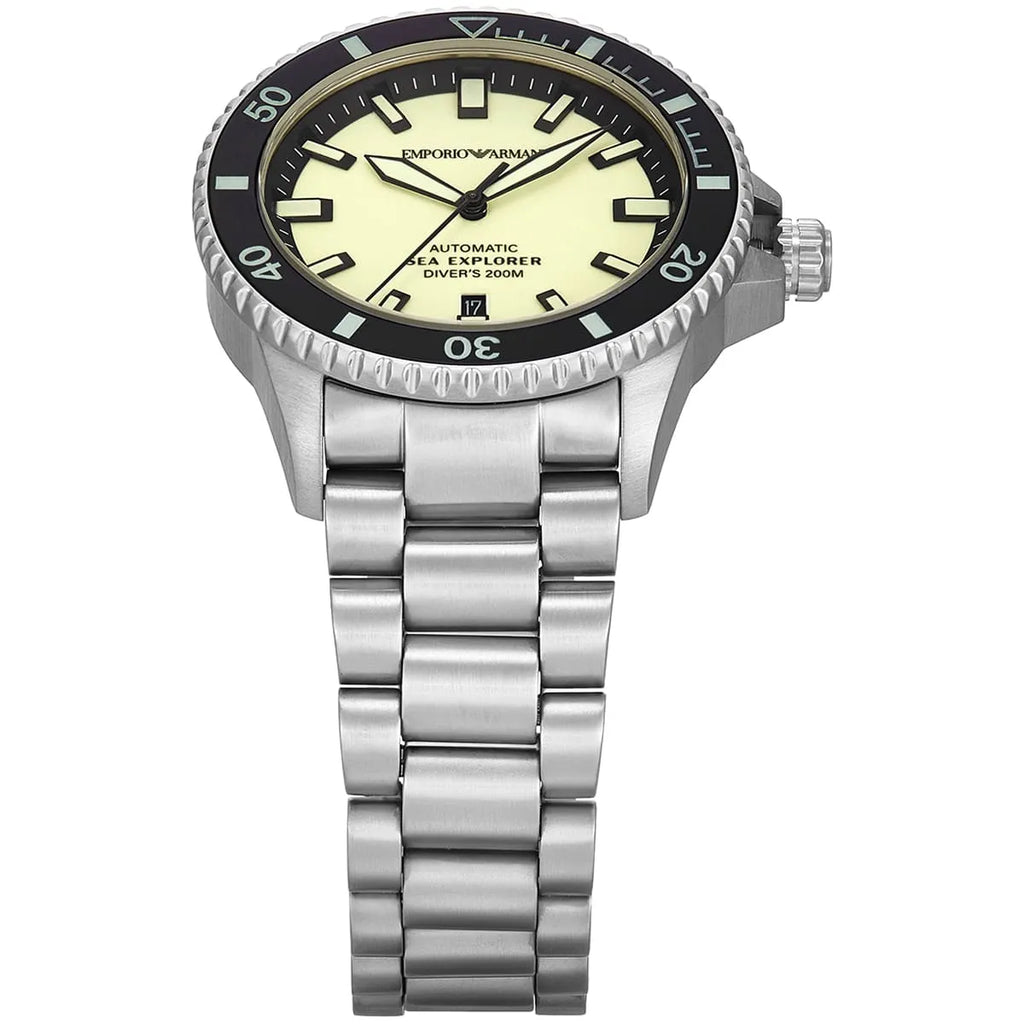 Emporio Armani Sea Explorer AR60083 42mm Men's Automatic Watch – Yellow & Silver-Tone Stainless Steel Bracelet