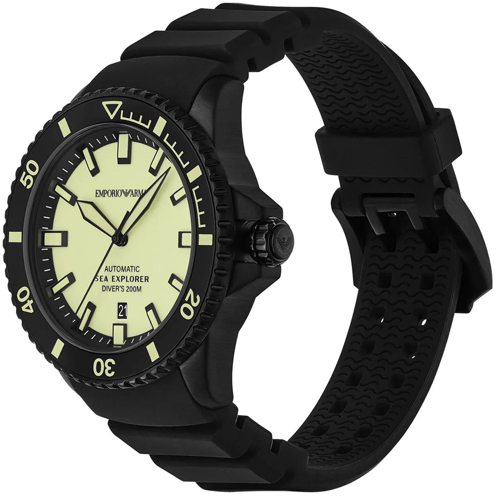 Emporio Armani Sea Explorer AR60085 42mm Men's Automatic Watch – Yellow & Black Rubber Strap