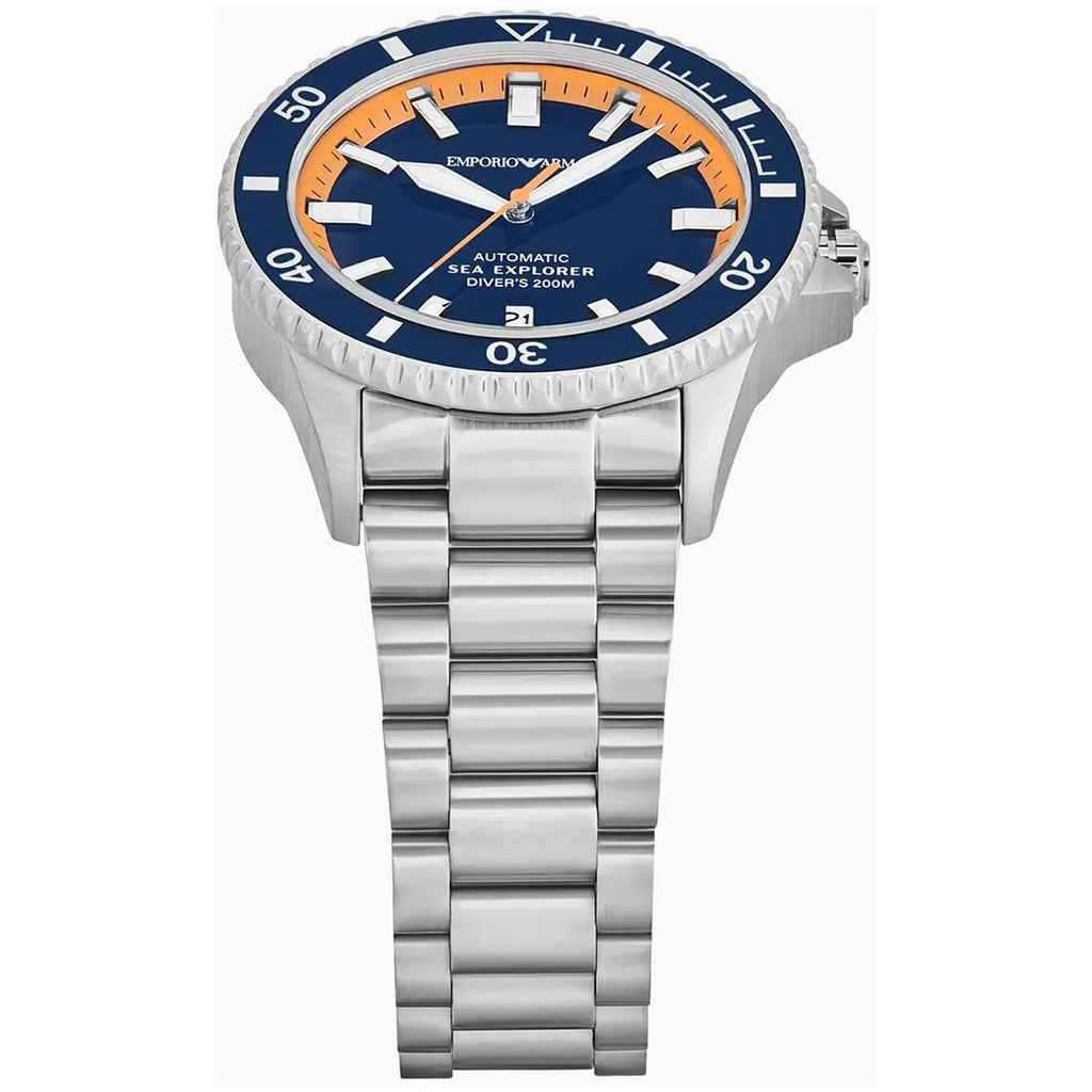 Emporio Armani Sea Explorer AR60090 42mm Men's Automatic Watch – Blue & Silver-Tone Stainless Steel Bracelet
