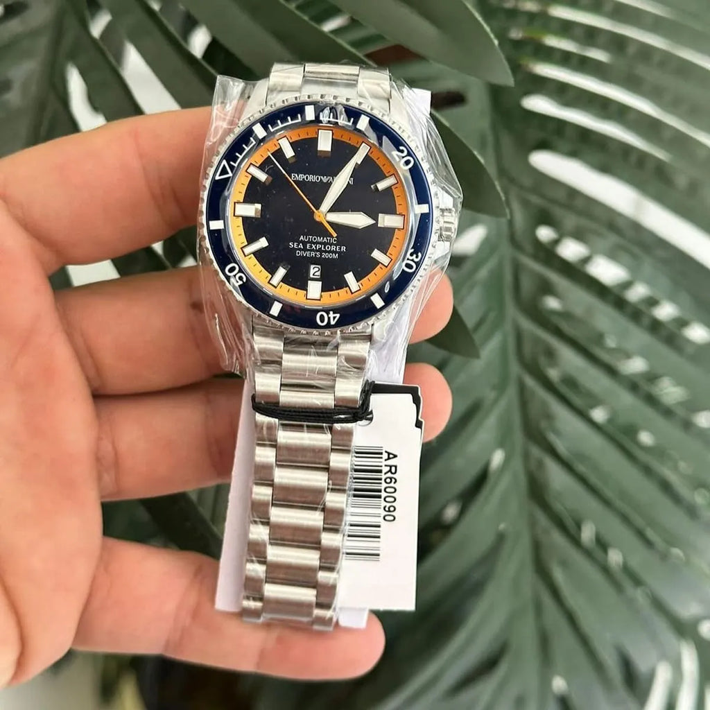 Emporio Armani Sea Explorer AR60090 42mm Men's Automatic Watch – Blue & Silver-Tone Stainless Steel Bracelet