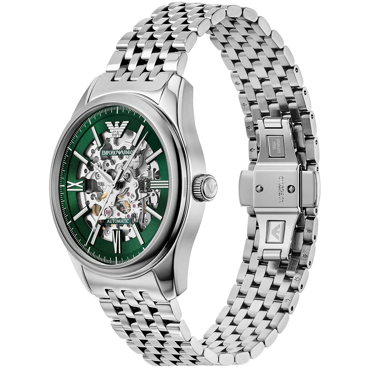 Emporio Armani Antonio AR60091 43mm Men's Automatic Watch – Green Skeleton & Silver Stainless Steel Bracelet