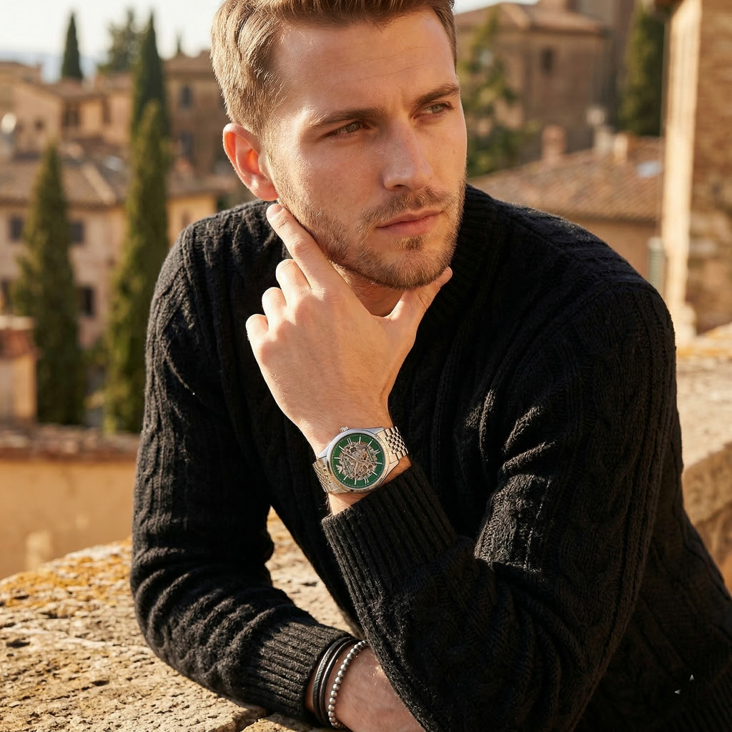 Emporio Armani Antonio AR60091 43mm Men's Automatic Watch – Green Skeleton & Silver Stainless Steel Bracelet