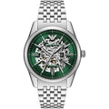 Emporio Armani Antonio AR60091 43mm Men's Automatic Watch – Green Skeleton & Silver Stainless Steel Bracelet