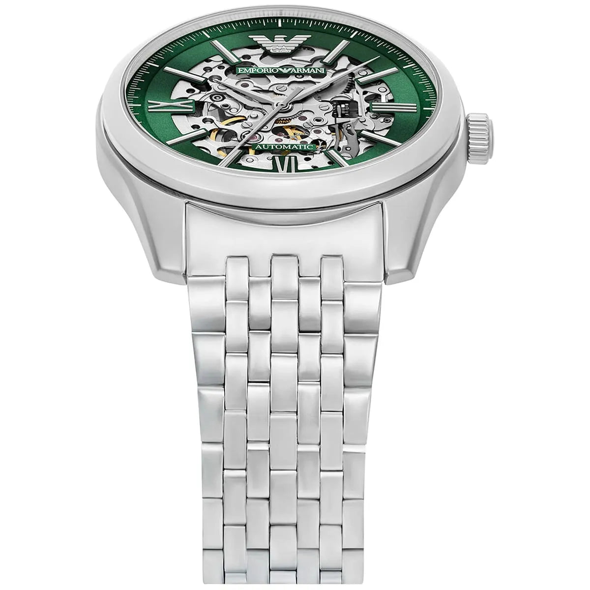 Emporio Armani Antonio AR60091 43mm Men's Automatic Watch – Green Skeleton & Silver Stainless Steel Bracelet