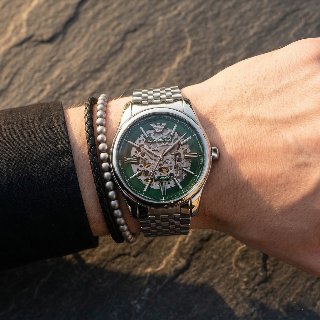Emporio Armani Antonio AR60091 43mm Men's Automatic Watch – Green Skeleton & Silver Stainless Steel Bracelet