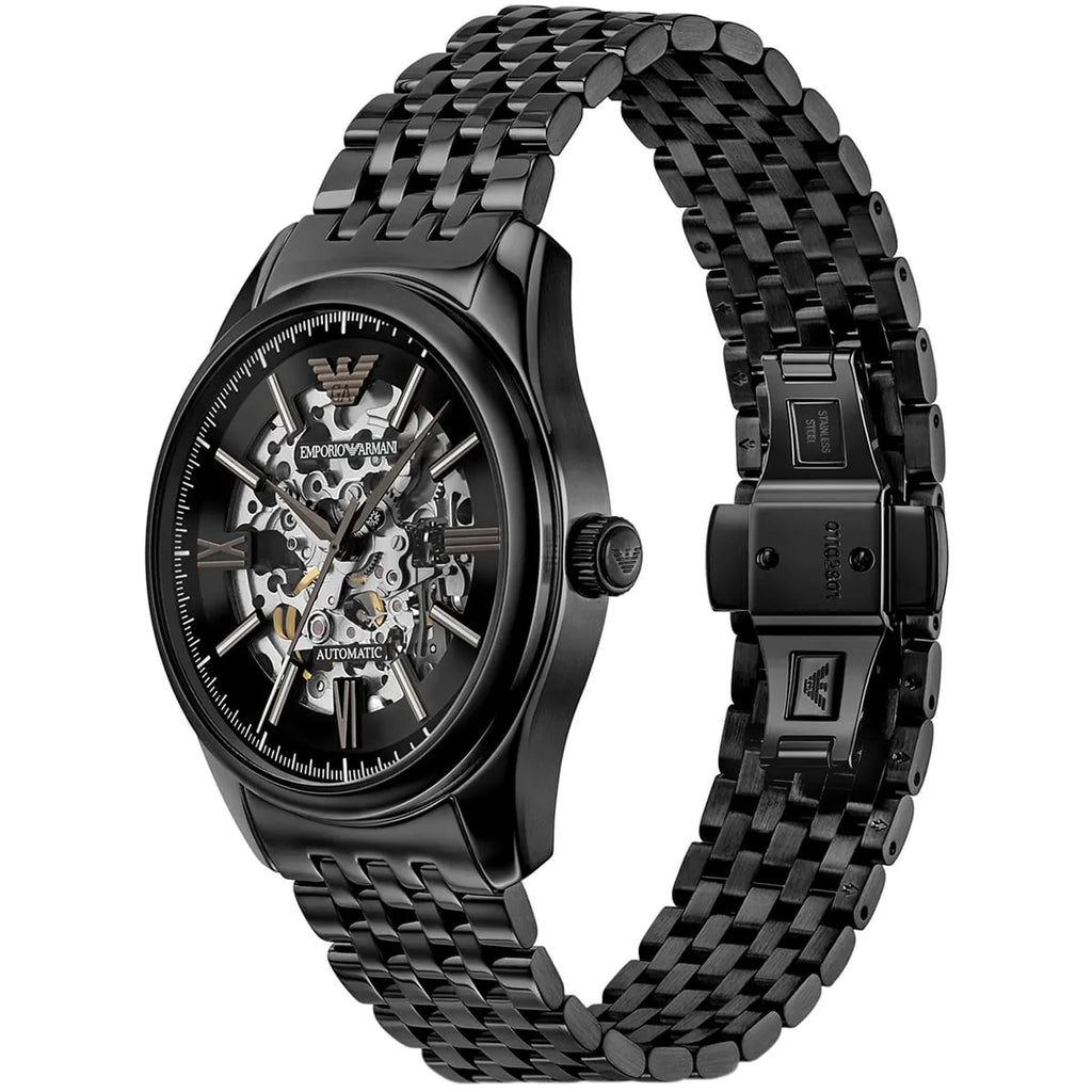 Emporio Armani Antonio AR60093 43mm Men's Automatic Watch – Black Skeleton & Black Stainless Steel Bracelet
