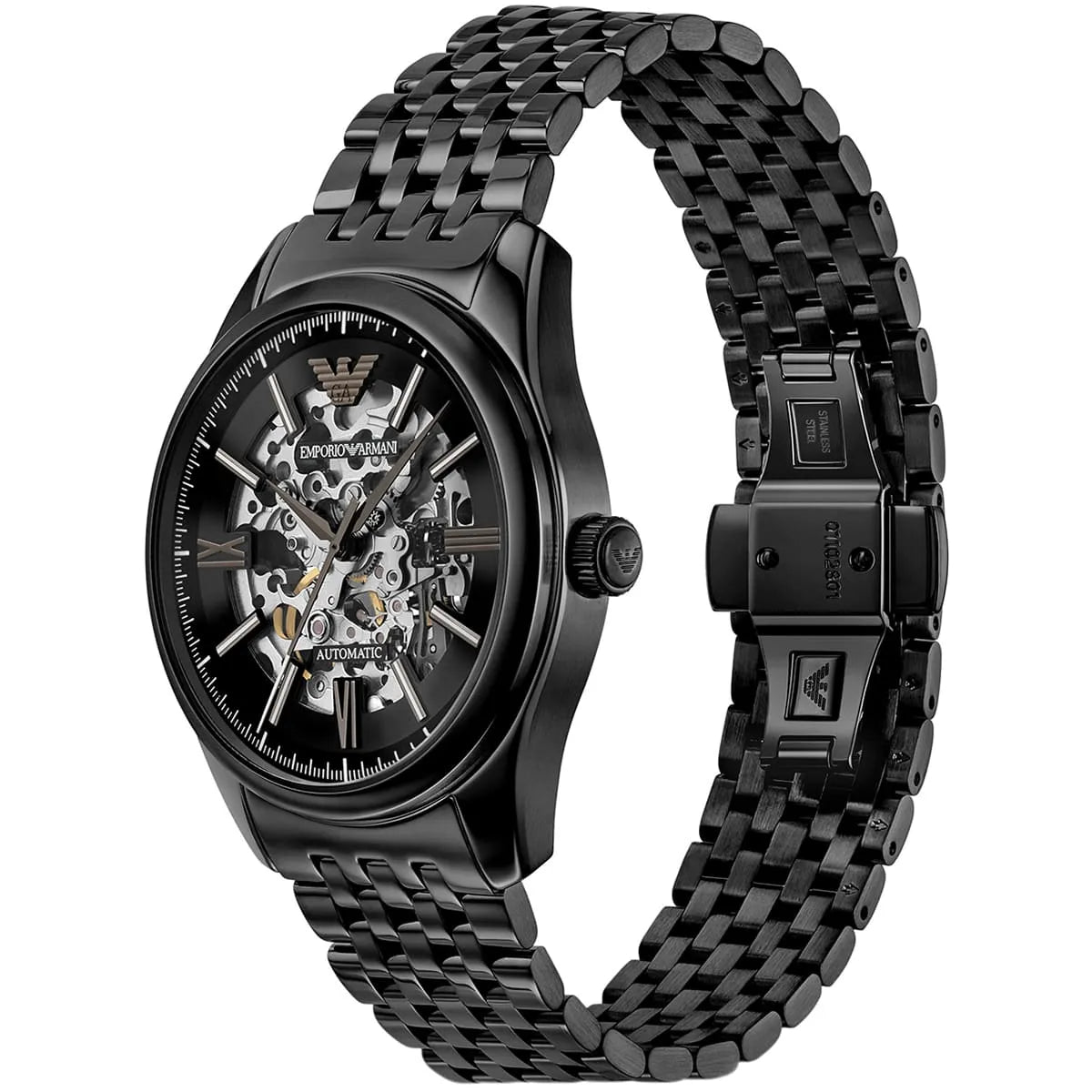 Emporio Armani Antonio AR60093 43mm Men's Automatic Watch – Black Skeleton & Black Stainless Steel Bracelet