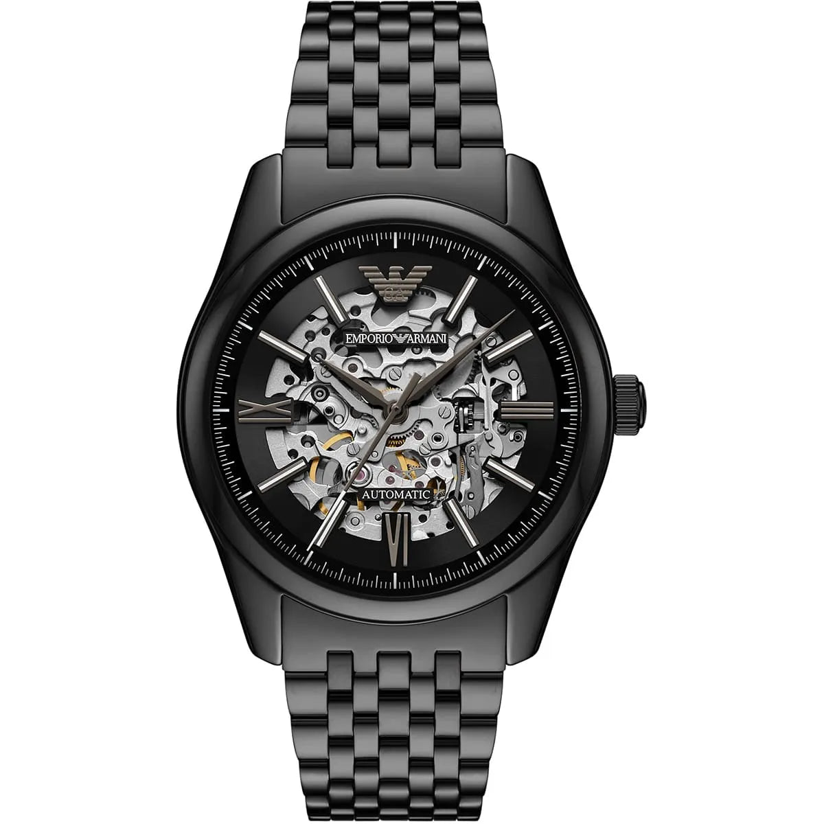 Emporio Armani Antonio AR60093 43mm Men's Automatic Watch – Black Skeleton & Black Stainless Steel Bracelet